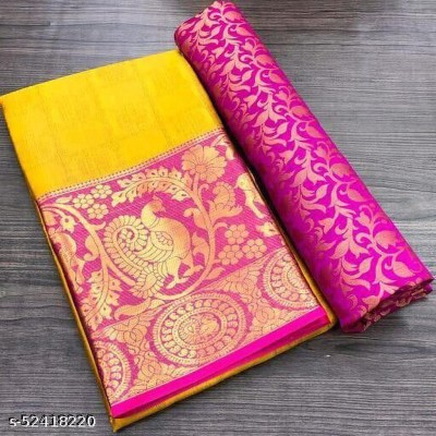 Dhami Printed Dharmavaram Cotton Silk Saree(Yellow)