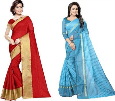 Suntex Geometric Print Bollywood Cotton Silk Saree(Pack of 2, Light Blue, Red)