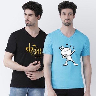 FBAR Printed Men V Neck Light Blue, Black T-Shirt