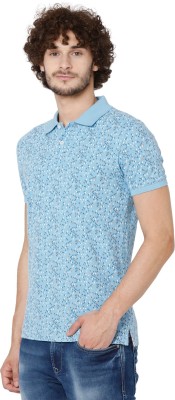 MUFTI Floral Print Men Polo Neck Blue T-Shirt
