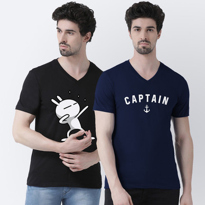 FBAR Solid Men V Neck Blue T-Shirt