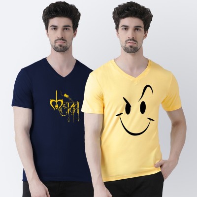 FBAR Solid Men V Neck Yellow T-Shirt