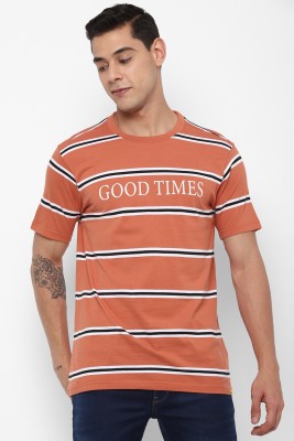 FOREVER 21 Striped Men Round Neck Pink T-Shirt