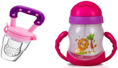 TINNY TOTS Baby Fruit Vegetable Teether With Baby Unbreakable Sipper Bottle With Handles Teether and Feeder(PINK-STAR)