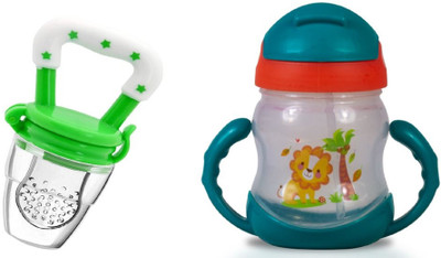 TINNY TOTS Baby Fruit Vegetable Teether With Baby Unbreakable Sipper Bottle With Handles Teether and Feeder(GREEN-STAR)
