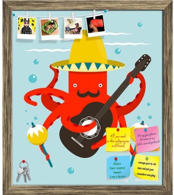 Artzfolio Macho Moustache Octopus Playing Guitar Notice Pin Soft Board with Push Pins Cork Bulletin Board(Antique Gold Frame 12 x 13.7 inch (30 x 35 cms))