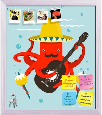 ArtzFolio Macho Moustache Octopus Playing Guitar Notice Pin Soft Board with Push Pins Cork Bulletin Board(White Frame 12 x 13.7 inch (30 x 35 cms))
