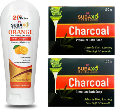Subaxo Herbal Orange Face Wash 120 ml And Herbal Charcoal Soap 2 Pc Each 100 g(3 Items in the set)