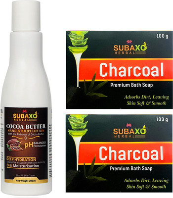 Subaxo Herbal Cocoa Butter Body lotion 200 ml And Herbal Charcoal Soap 2 Pc Each 100 g(3 Items in the set)