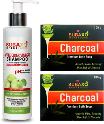 Subaxo Herbal Apple Cider Vinegar Shampoo 200 ml And Herbal charcoal soap 2 Pc Each 100 g(3 Items in the set)