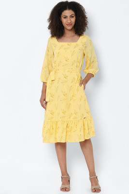 Allen Solly Women A-line Yellow Knee Length Dress