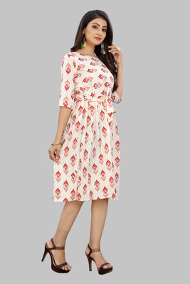 Modli 20 Fashion Women Fit and Flare Beige Knee Length Dress