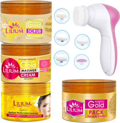 LILIUM Gold Facial Kit & Multifunction 5in1 Massager, 1Kg(5 x 200 ml)
