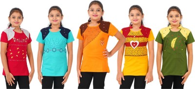 DSP Trends Girls Printed Pure Cotton Regular T Shirt(Multicolor, Pack of 5)