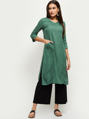 71 OFF on FabTag mokshi Women Solid Straight Kurta Black on