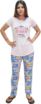 Hautemoda Women Printed White, Blue Top & Pyjama Set