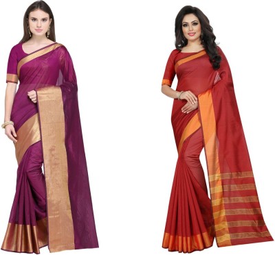 Suali Geometric Print Daily Wear Cotton Silk Saree(Pack of 2, Red)