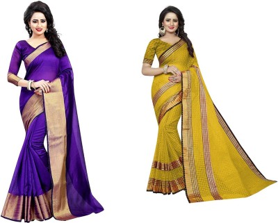 Saadhvi Geometric Print Daily Wear Cotton Silk Saree(Pack of 2, Yellow)