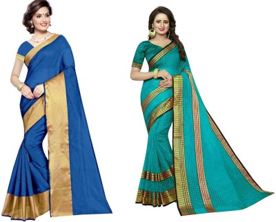 Saadhvi Geometric Print Daily Wear Cotton Silk Saree(Pack of 2, Green)