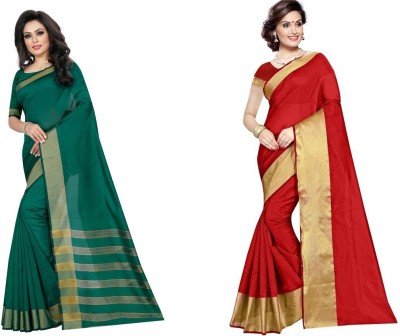 Saadhvi Woven Maheshwari Cotton Silk Saree(Pack of 2, Dark Green, Red)