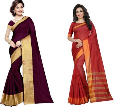 Suali Solid/Plain Daily Wear Cotton Silk Saree(Pack of 2, Multicolor)