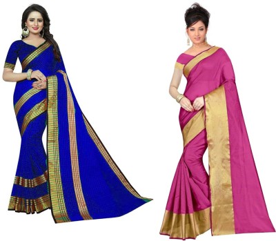 Suali Striped, Solid/Plain Chettinadu Cotton Silk Saree(Pack of 2, Dark Blue, Pink)