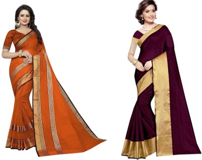 Saadhvi Checkered Daily Wear Cotton Silk Saree(Pack of 2, Orange)