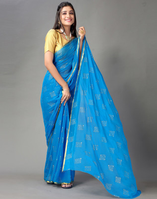 V And V Shop Printed Bollywood Chiffon Saree(Light Blue)