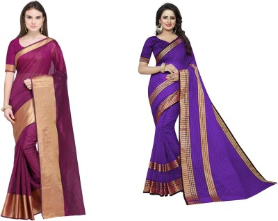 Saadhvi Self Design Daily Wear Cotton Silk Saree(Pack of 2, Purple, Pink)