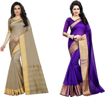 Suntex Geometric Print Daily Wear Cotton Silk Saree(Pack of 2, Purple, Brown)