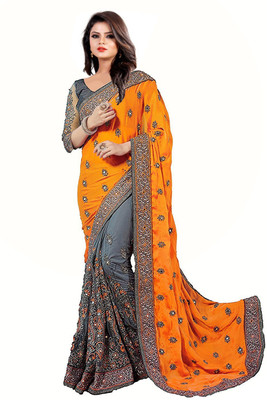 MURTHIRUPI Embroidered Bollywood Net, Art Silk Saree(Mustard)