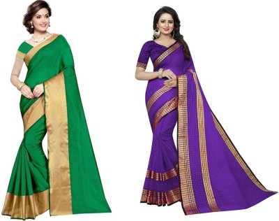 Saadhvi Checkered Daily Wear Cotton Silk Saree(Pack of 2, Purple)