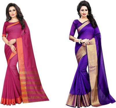 Saadhvi Geometric Print Daily Wear Cotton Silk Saree(Pack of 2, Purple, Pink)