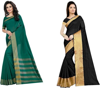 Suali Striped, Solid/Plain Bollywood Cotton Silk Saree(Pack of 2, Green, Black)