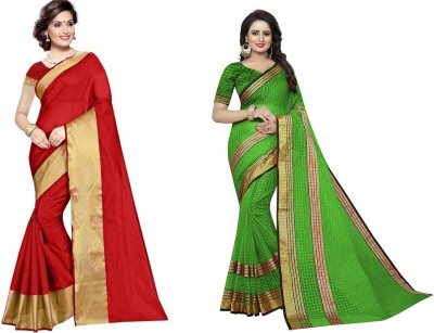 Saadhvi Geometric Print Paithani Cotton Silk Saree(Pack of 2, Red, Light Green)