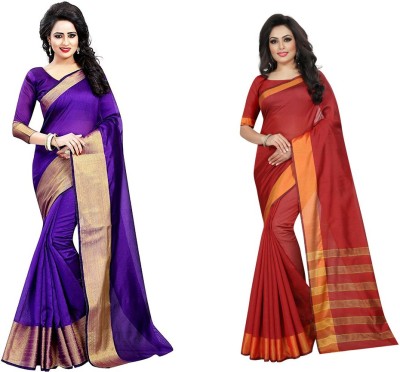 Saadhvi Geometric Print Daily Wear Cotton Silk Saree(Pack of 2, Purple, Red)