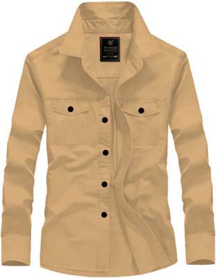 GreenFlair Men Solid Casual Cream Shirt