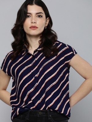 CHEMISTRY Women Striped Casual Dark Blue Shirt