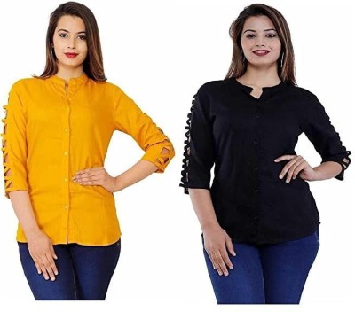 Muskan Garmentss Women Solid Party Black, Yellow Shirt(Pack of 2)