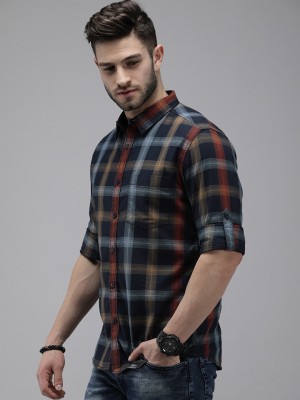 Roadster Men Checkered Casual Dark Blue Shirt