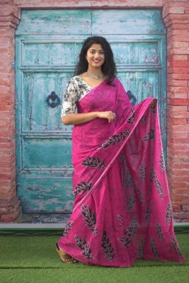 hastshilpi Printed, Color Block, Blocked Printed Daily Wear Pure Cotton Saree(Pink)