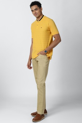 PETER ENGLAND Striped Men Mandarin Collar Yellow T-Shirt