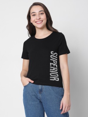 VERO MODA Printed Women Round Neck Black T-Shirt