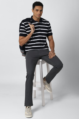 PETER ENGLAND Striped Men Polo Neck Black T-Shirt