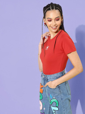 Kook N Keech Printed Women Round Neck Red T-Shirt
