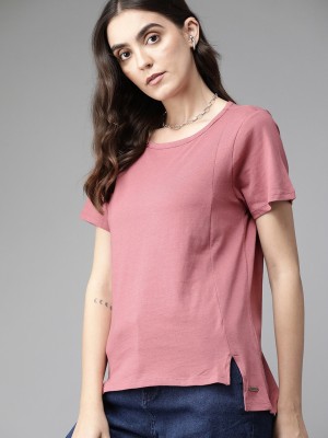 Roadster Solid Women Round Neck Pink T-Shirt