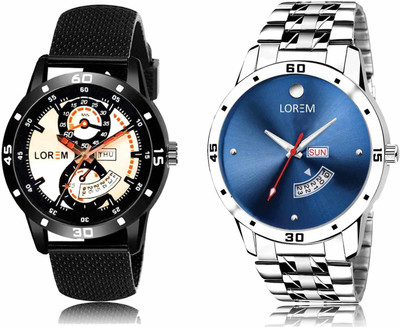 LOREM LR56-LR105 Set Of 2 Casual Round Synthetic Leather & Metal Analog Watch  - For Men