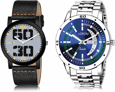 LOREM LR47-LR110 Set Of 2 Casual Round Synthetic Leather & Metal Analog Watch  - For Men