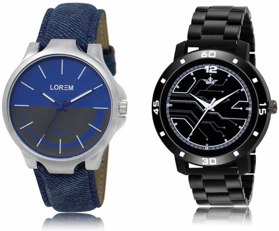 LOREM LR24-LR113 Set Of 2 Casual Round Synthetic Leather & Metal Analog Watch  - For Men