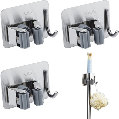 JIALTO Silver Stainless Steel Broom Holder(3 Holders)